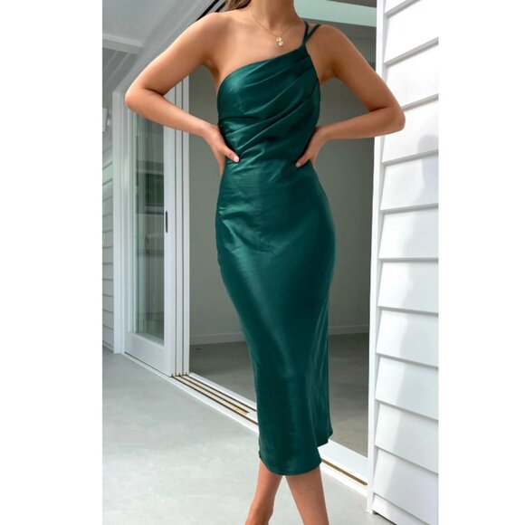 Silky One Shoulder Midi Dress - Emerald Green - Picture 2 of 8